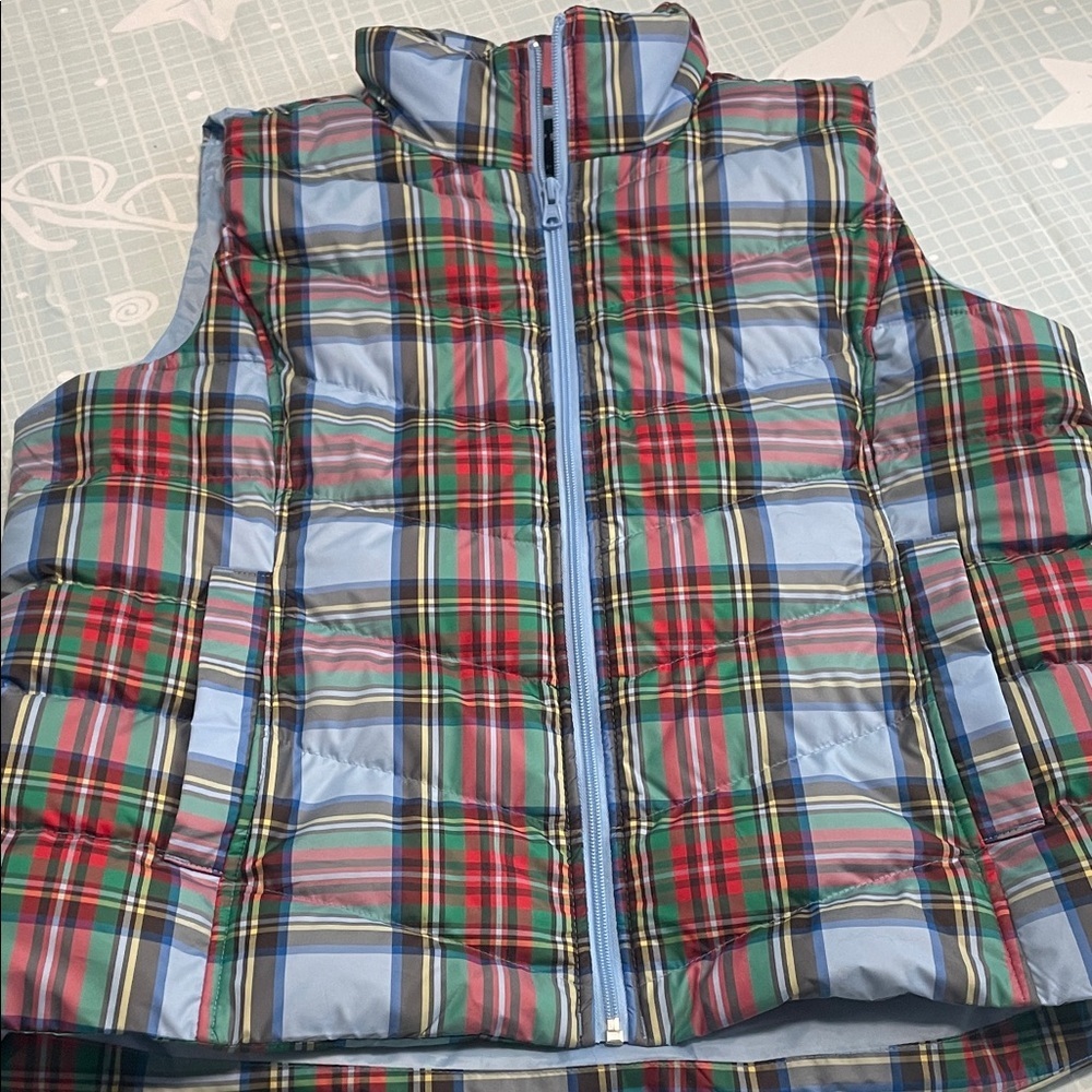 Lands' End blue plaid puffer vest